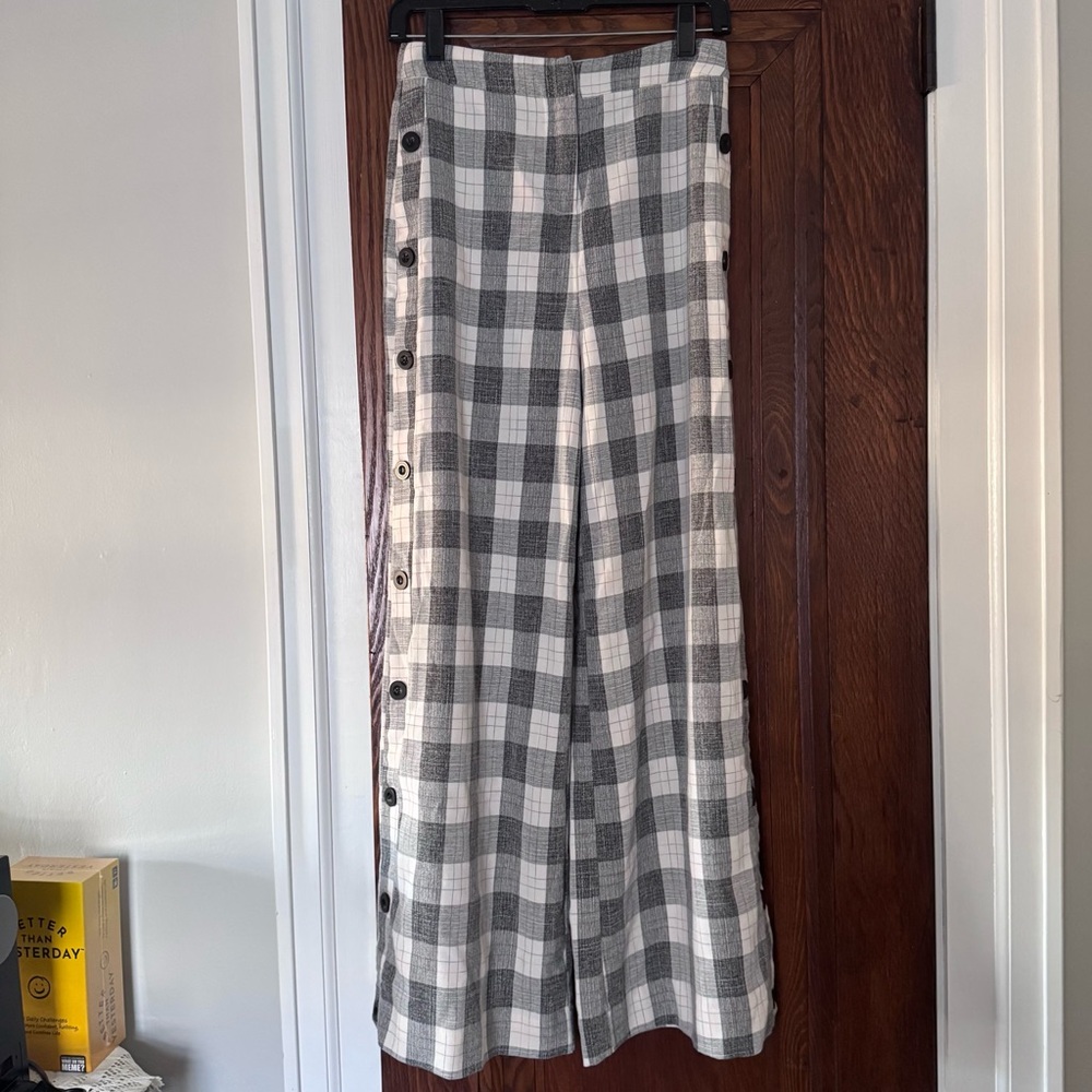 English Factory Gray Plaid Wide Leg Trousers with Button Details size S